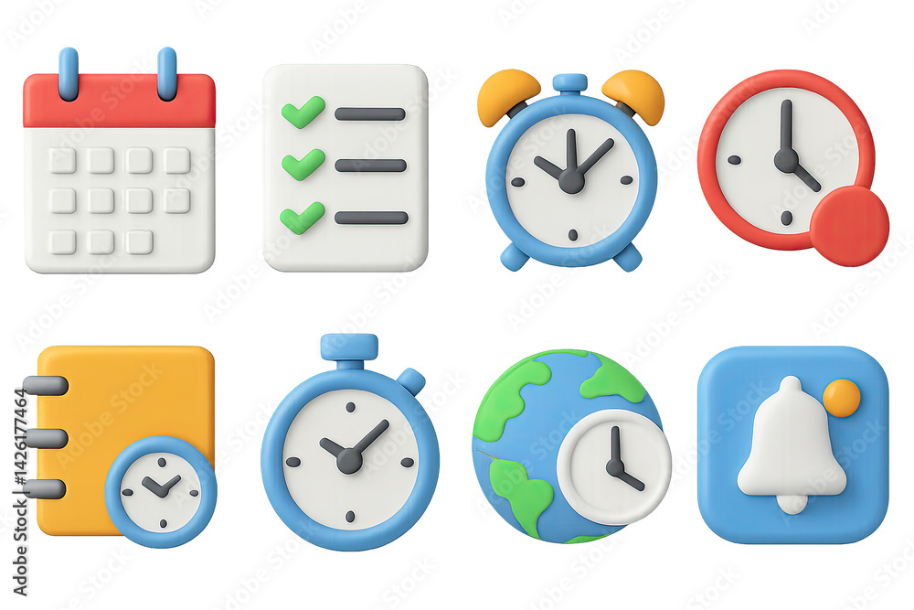 Poster time management 3d icon set – vibrant task planning and scheduling symbols for productivity and orga
