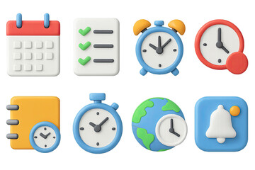 Time management 3d icon set &ndash; vibrant task planning and scheduling symbols for productivity and organization: calendar, checklist, alarm clock, stopwatch, globe, bell