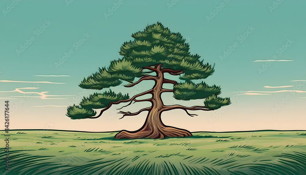 Poster stylized tree with a vibrant sky and open landscape