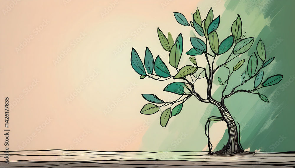 Poster artistic illustration of a tree with vibrant leaves and soft background