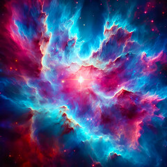 Giant nebula with bright blue and pink clouds, with a sparkling star at the center