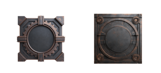 Two intricate metal panels with geometric patterns and detailed edges