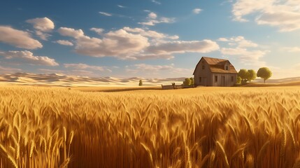 A peaceful countryside barn surrounded by fields of golden wheat.