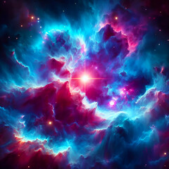 Giant nebula with bright blue and pink clouds, with a sparkling star at the center