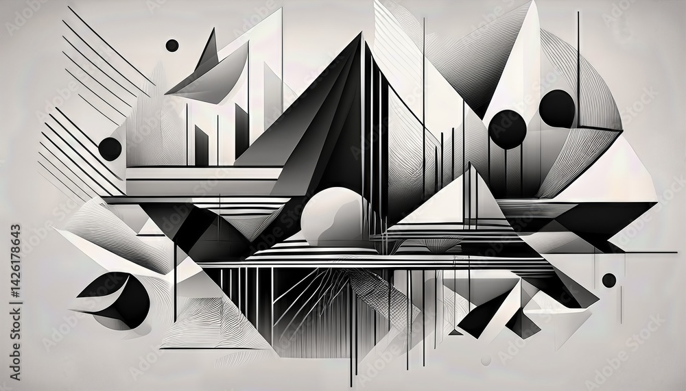Poster striking monochrome abstraction geometric vectors dancing in a bold, minimalistic world, embracing d