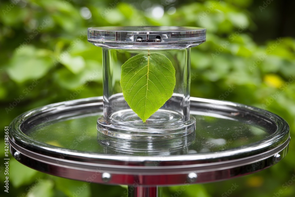 Poster Leaf enclosed in transparent container on a reflective surface in a green outdoor setting during daytime