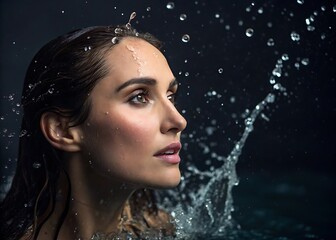 Beautiful woman under falling water looking glamorous and refreshed