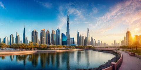 View of high rising buildings behind the sea.