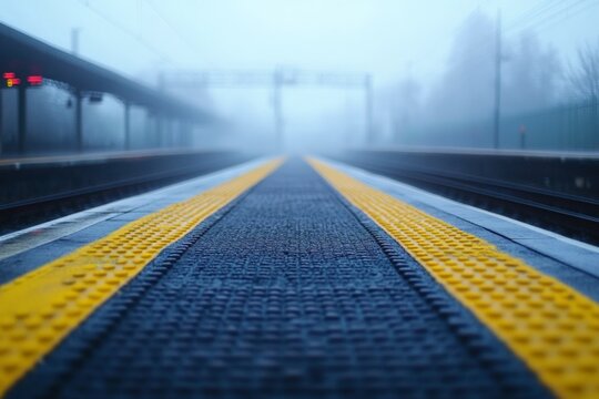 Foggy train station platform with striking yellow lines and blurred background in early morning light