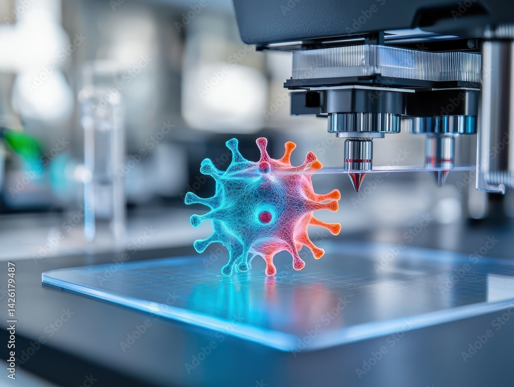 Aufkleber microscope focusing on a colorful 3d virus model in a scientific lab setting.
