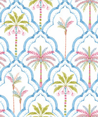 Seamless Multicolored Watercolor Moroccan Pattern with Stylized Palm Trees and Geometric Texture , Creative Repeat Modern Pattern with Ornamental Design