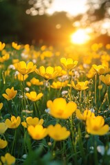 Fototapeta premium High-Precision Photography Capturing Spring’s Colorful Buttercup Blossoms in Glorious Sunshine