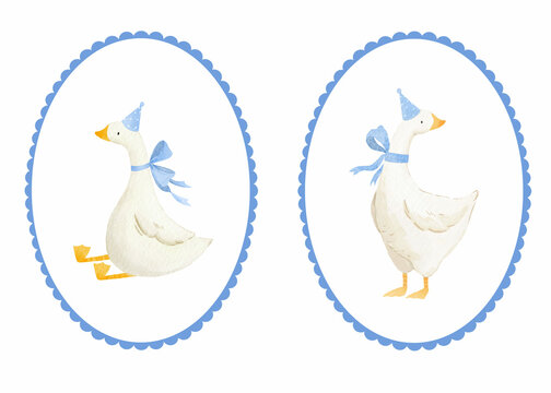 Cute goose. Adorable farm birds in different poses, funny characters. Childish print, kids textile and nursery decor. Stickers set. Watercolor cartoon flat isolated illustration