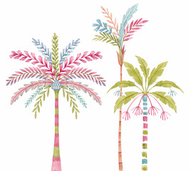 Colorful stylized hand drawn palm tree. Set tropical coconut trees, vintage miami palms illustration . Tropical tree palm, Trendy Moroccan style