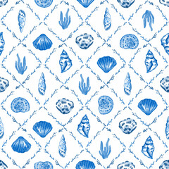 Vintage Style Elegant Floral Art Deco Seamless Fan Pattern in Blue Color - Texture Featuring hand drawn Shells and Marine Elements