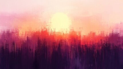 Urban sunset scene, painted in soft, vibrant hues.