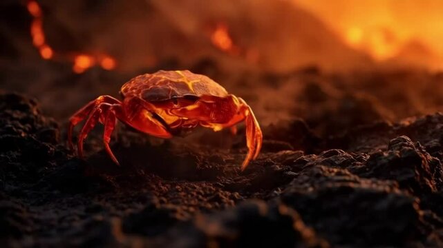A crab sits on a rocky surface with lava in the background. Smooth repeating motion for background video animation