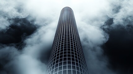 Tall, cylindrical skyscraper disappearing into cloud cover with low-angle perspective