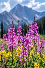 Fototapeta premium Stunning High-Precision Capture of Fireweed Amidst Mountain Scenery