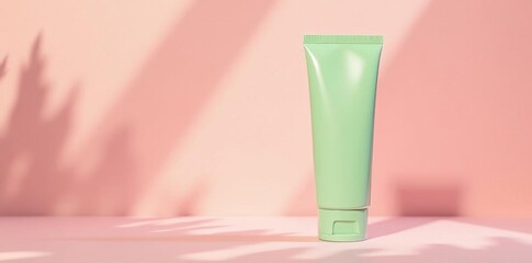 Minimalist green skincare tube on light pink background, minimalist, fashion, tube