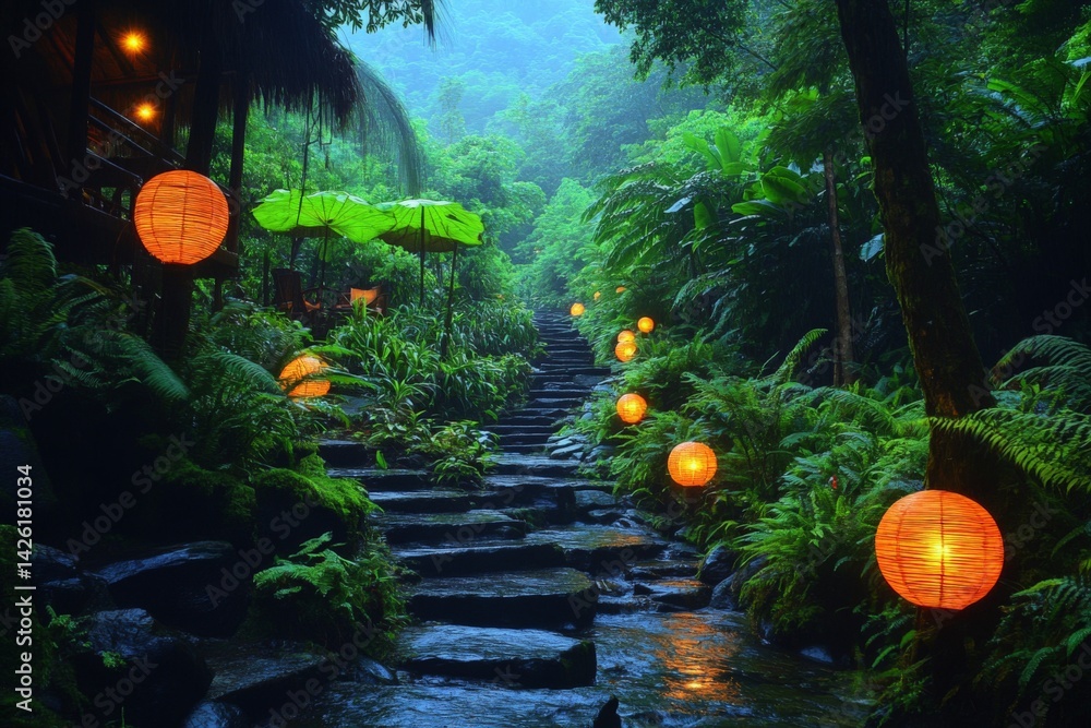 Poster serene garden path illuminated by lanterns in a lush rainforest during a misty evening