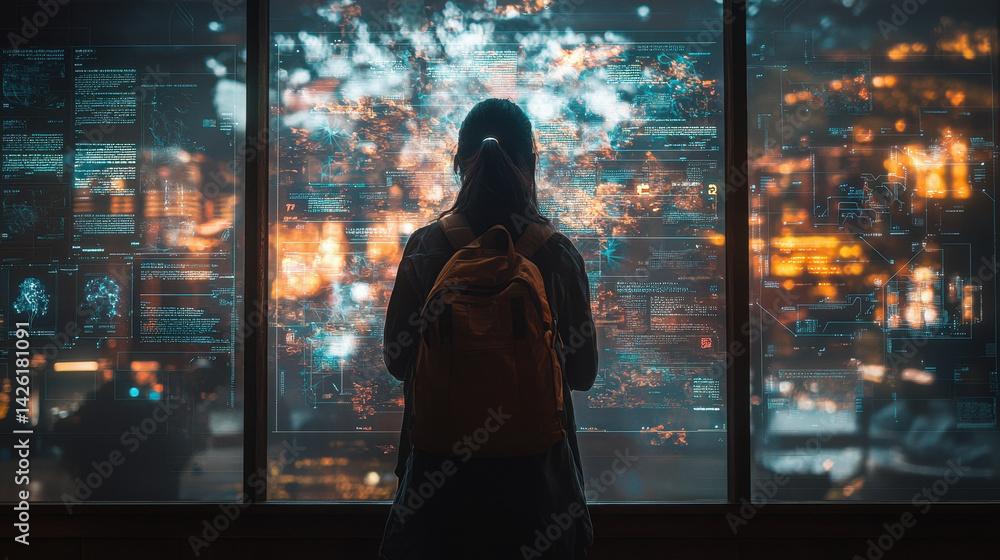 Poster holographic screen displays complex ai decision trees with individual choosing based on ai recommend