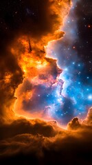 Cosmic Nebula Fiery Orange and Blue Celestial Cloudscape A breathtaking view of interstellar gas and dust
