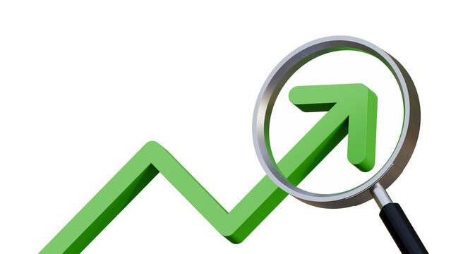 Green arrow and magnifying glass isolated. Looking upside growth arrow with magnifying glass. Concept image of growth potential 3d illustration. Financial banner template.