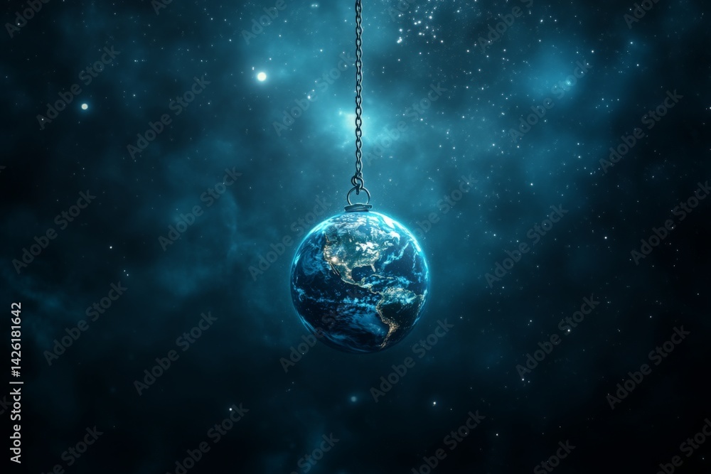 Poster hanging globe representing earth illuminated against a cosmic background with stars and nebulae in t