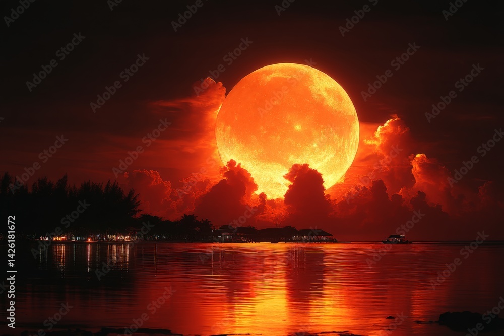 Aufkleber stunning orange moon rises above the calm water and clouds at dusk, creating a serene landscape with