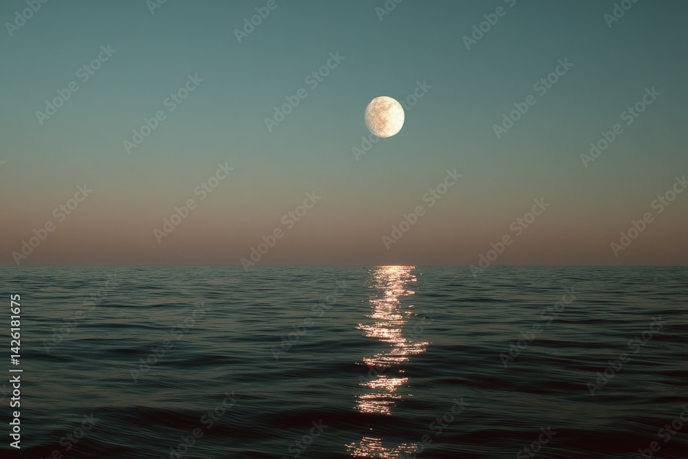 Aufkleber moonlight reflects on calm ocean waters at twilight with a tranquil sky in the background