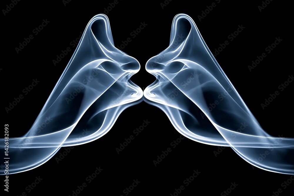 Poster Two wisps of smoke intertwine to form abstract faces on a black background, creating a striking visual effect