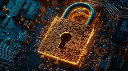 A futuristic depiction of a radiant padlock positioned on a modern circuit board, representing the significance of protecting digital data from online threats and maintaining cybersecurity