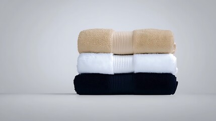 Three folded towels, stacked tan, white, black, against a bright white background. Soft texture