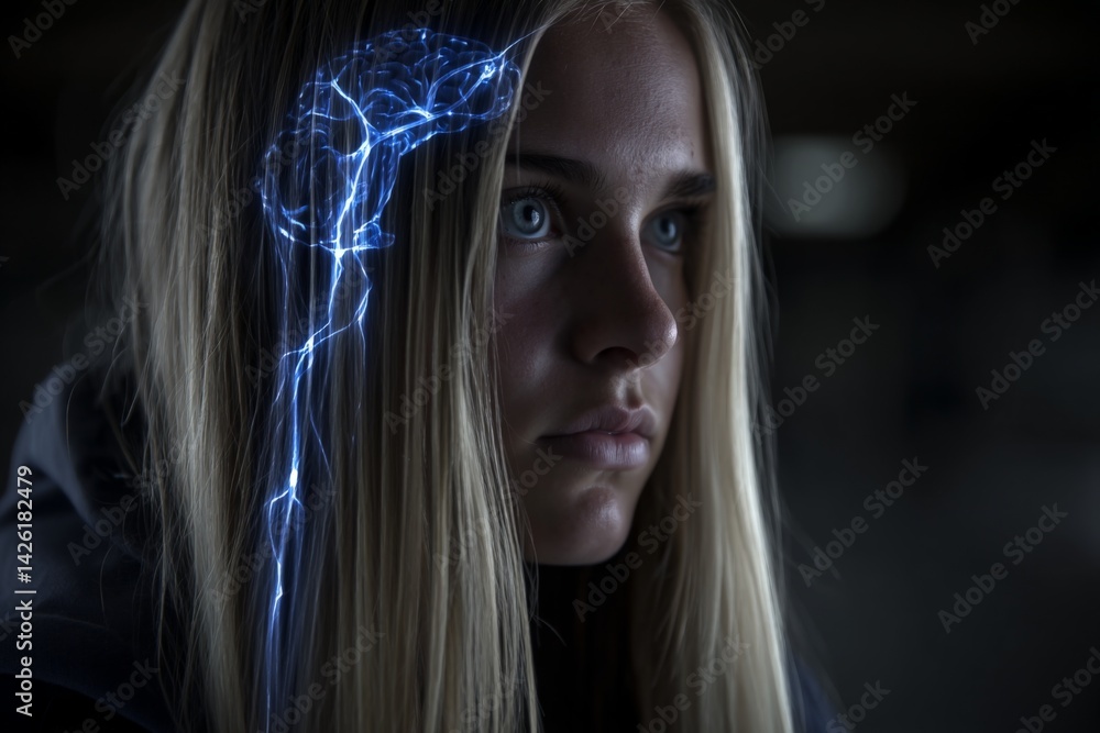 Poster exploration of neural connections illustrated through glowing brain imagery in a dimly lit environme