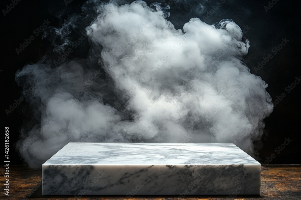 Poster mysterious marble platform surrounded by swirling smoke in a dimly lit environment