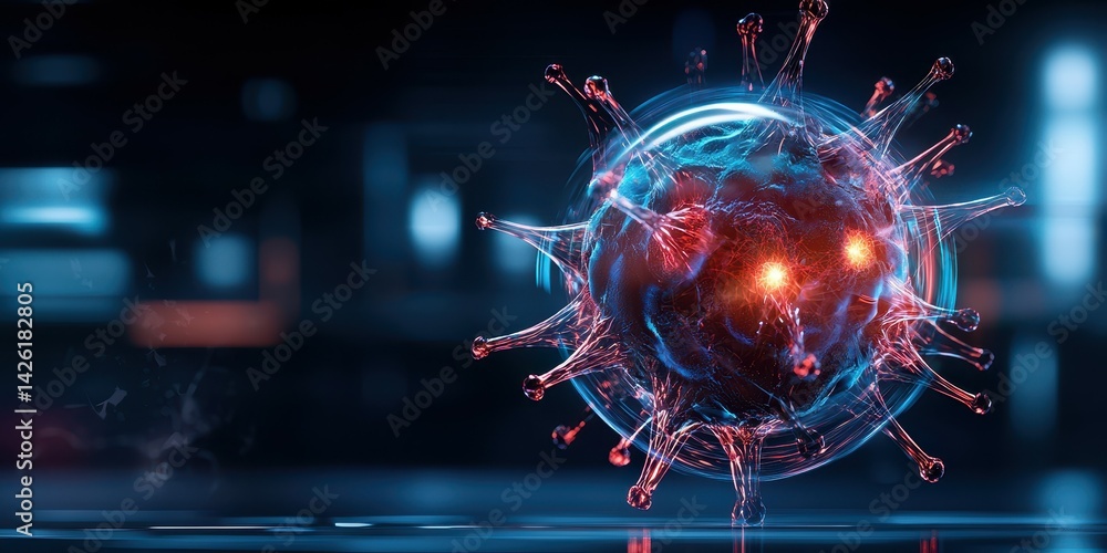 Aufkleber dynamic digital illustration of a virus with glowing elements and a futuristic backdrop.