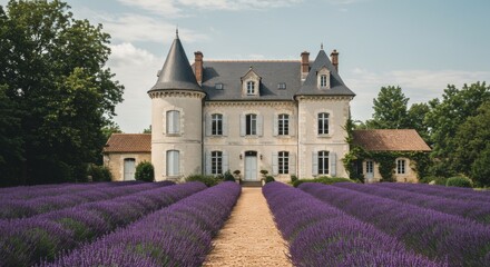 Lavender fields in full bloom at a charming chateau under clear skies