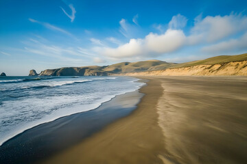 Ocean waves meet sandy beach under a blue sky with scattered clouds.