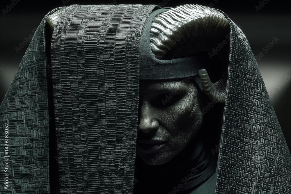 Poster mysterious figure with horns and dark attire in a dimly lit environment during a dramatic moment of 
