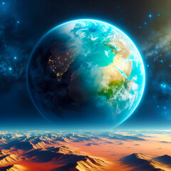 Planet with two-toned oceans and desert continents surrounded by stars