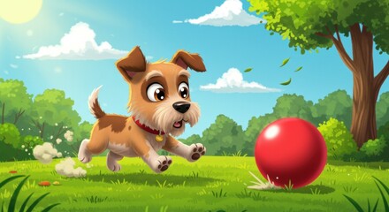 Playful dog chases red ball in sunny park surrounded by trees