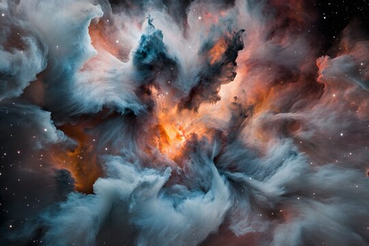 A Cosmic Nebula Swirling Colors of Orange Blue and Gray with Sparkling Stars Abstract Space Background - Powered by Adobe