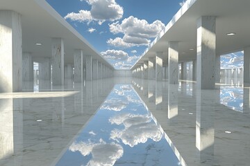 Modern architectural space with reflective marble flooring and bright blue sky with clouds