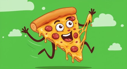 Happy cartoon pizza character running in a playful green landscape