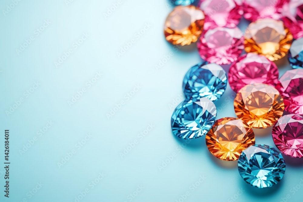 Poster colorful gemstones scattered on a soft blue background creating a vibrant visual display