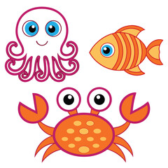  Adorable Ocean Trio Line Art Octopus, Crab and Fish Coloring Page