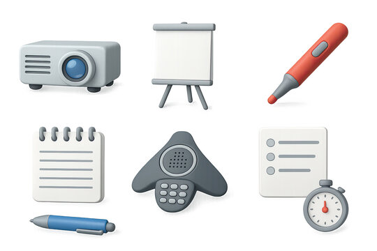 Office tools icon set – 3d style business and productivity symbols for workplace efficiency, meeting, and organization: projector, whiteboard, marker, notepad, stopwatch