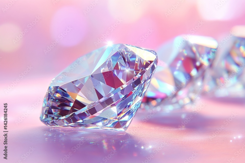 Poster shimmering diamonds arranged in a row that reflect light against a pastel backdrop