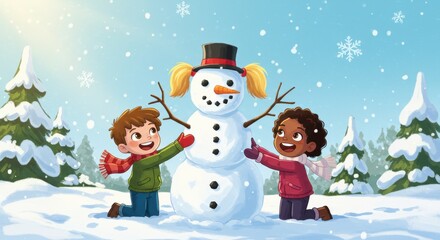 Children building a snowman in a winter wonderland during sunny weather